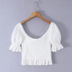 Sweet White Embroidered Floral Crop Shirt With V Neck Puff Sleeves And Ruffle Hem Slim Fit