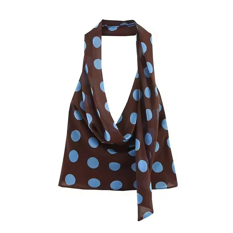 Blue Polka Dot Two Piece Set With Halter Top And Midi Skirt