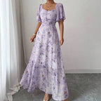 Purple Butterfly Print Mini Dress With Batwing Sleeves