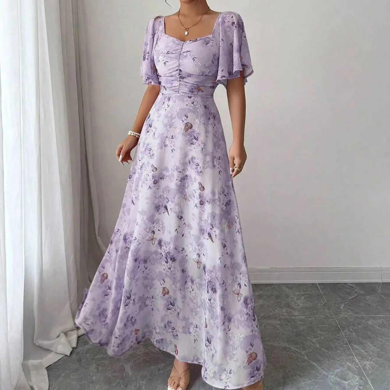 Purple Butterfly Print Mini Dress With Batwing Sleeves