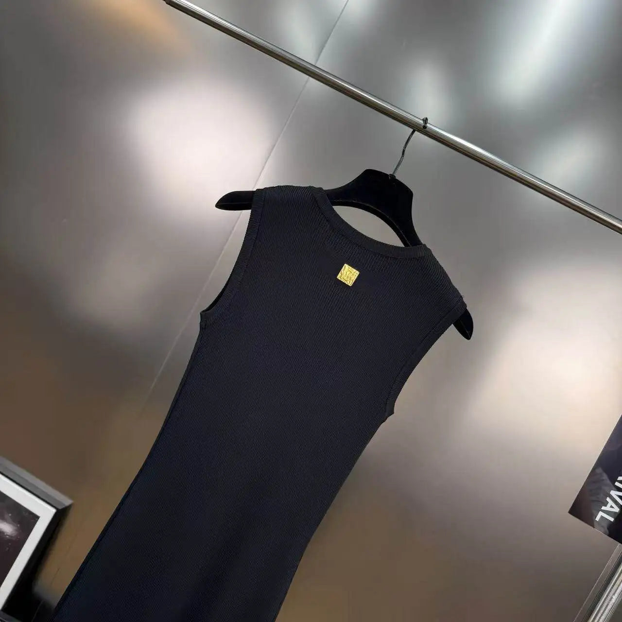 Hollow-Out Knit Vest Dress With Metal Buttons Sleeveless Slit