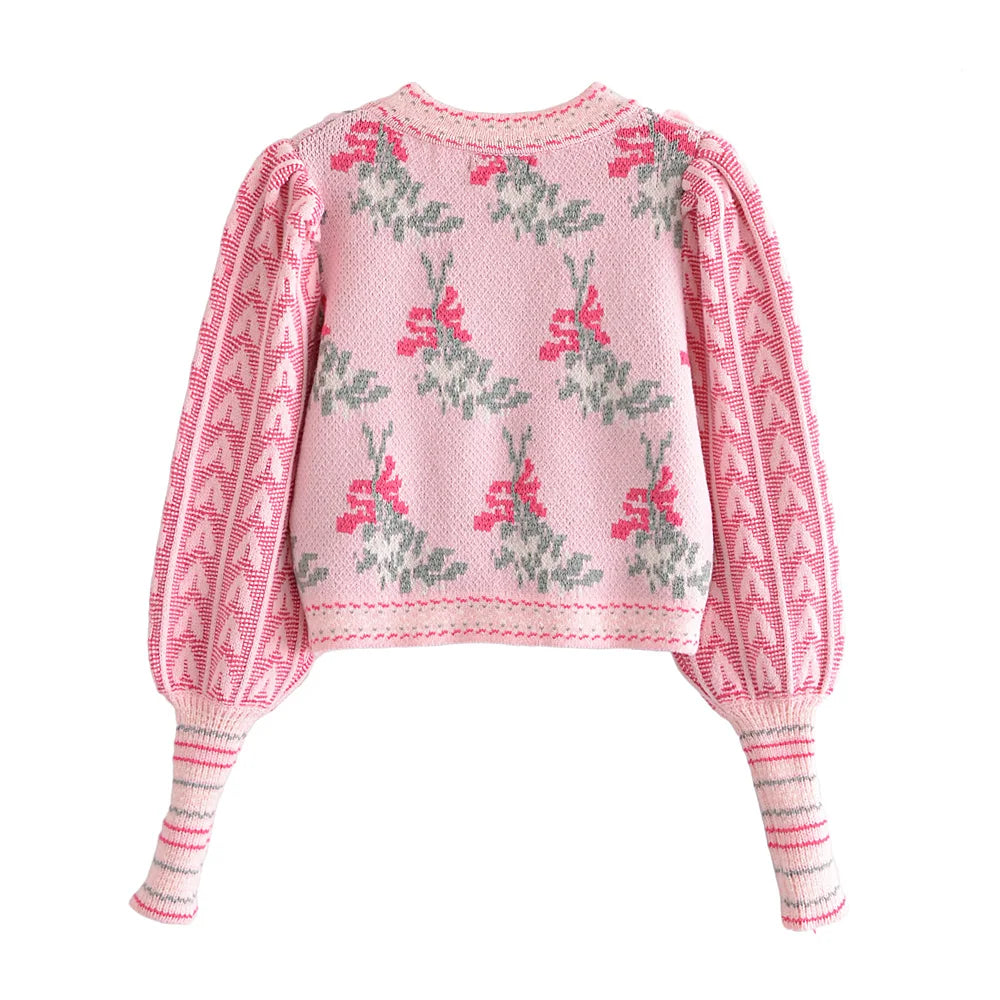 Front Wood Ears Ruffles Jacquard Cropped Sweater Vintage O neck Puff Sleeve Pullovers Short Jumper Knitwear