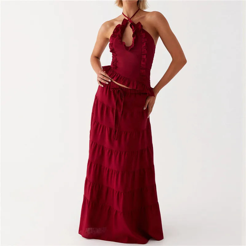 Halter Crop Two Piece Maxi Skirt Set With Ruffle Tiered Flowing Silhouette