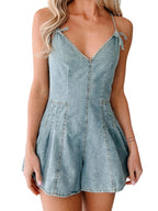 Breezy Solid Spaghetti Strap Jumpsuit With V Neck Sleeveless Wide Leg Denim Shorts Playsuit