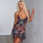 Fashion Floral Print V Neck Backless Sexy Ruffles Irregular Mini Dress