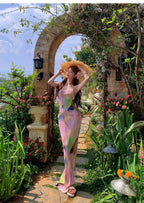 Pink Tie Dye Spaghetti Strap Maxi Dress For Beach Vacation Pleated Sleeveless Elegant Bodycon