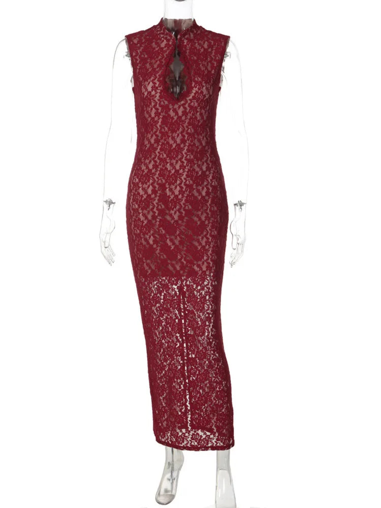 Elegant Lace Sleeveless Maxi Dress With Hollow Out Split