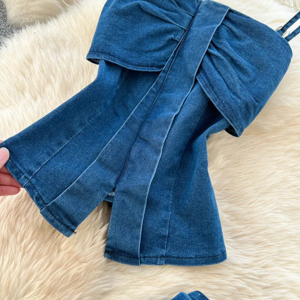 Denim Inspired Two Piece Set Strapless Top And High Waist Wide Leg Pants With Zipper