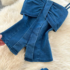 Denim Inspired Two Piece Set Strapless Top And High Waist Wide Leg Pants With Zipper