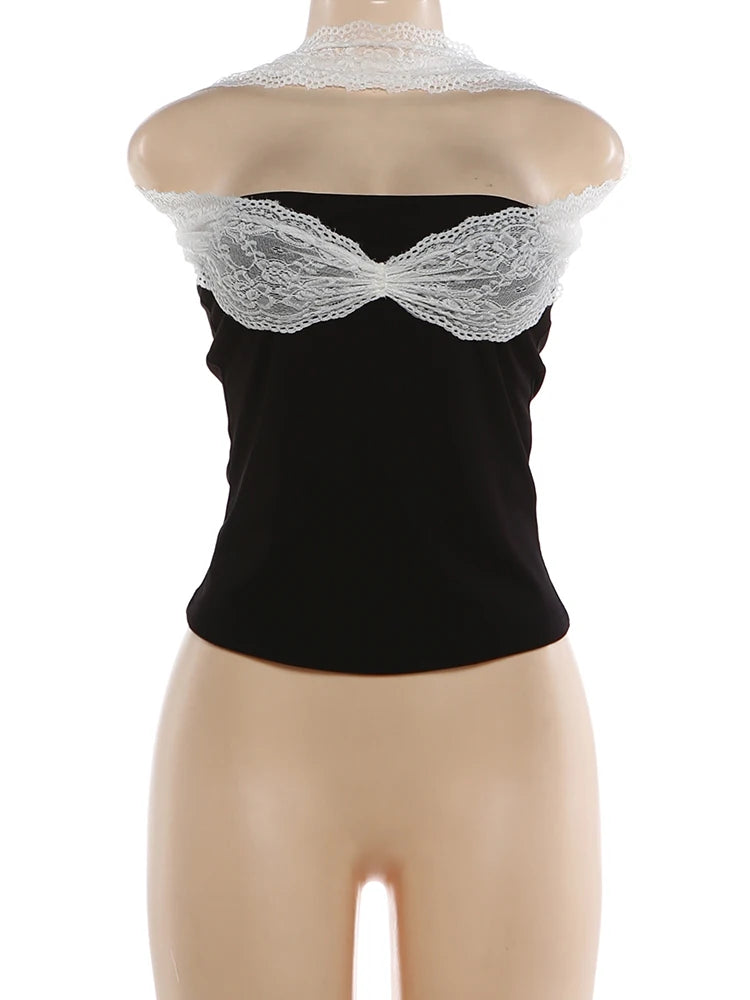 Punk Patchwork Mesh Halter Tank Top Y2K Vibe With Lace Up Details