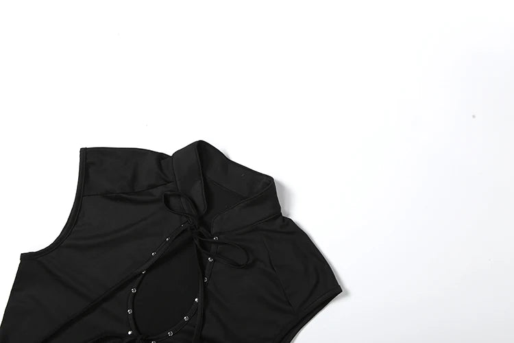 Rivets Decoration Top Stand Collar Navel Exposed Bandage Look Edgy Chic High Street Fashion