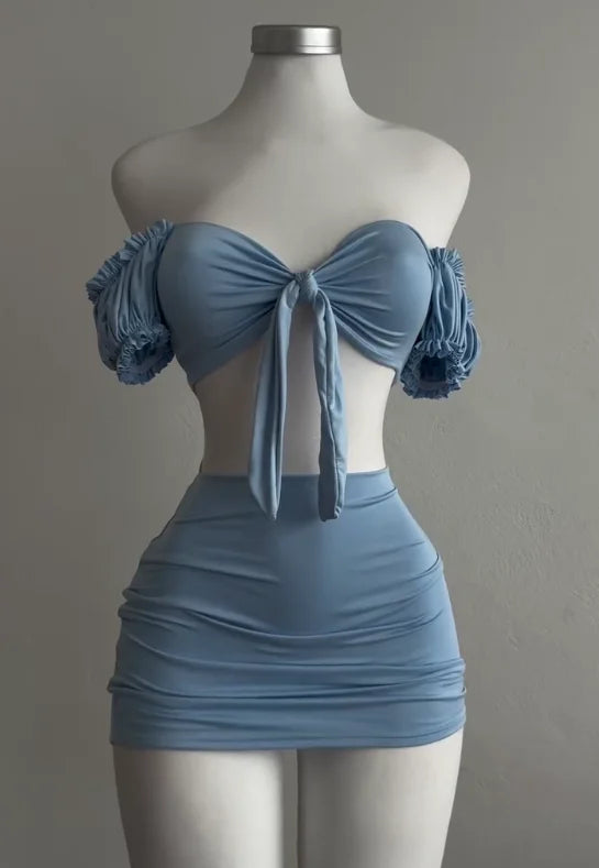 Alluring Two Piece Set With Wrapped Hip Skirt And Hollowed Pleated Puff Sleeves