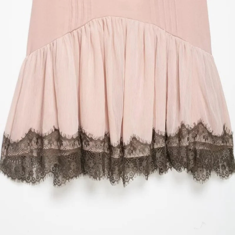 Pink Lace Trim Spaghetti Strap Mini Dress With V Neck Flirty Slip On