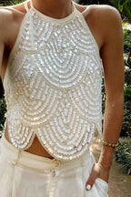 Backless Halter Sequin Crop Top Sparkly Sleeveless Glitter Camisole
