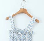 Flower Print Corset Ruched Elastic Body Sling Mini Square Collar Ruffles Hem Dress