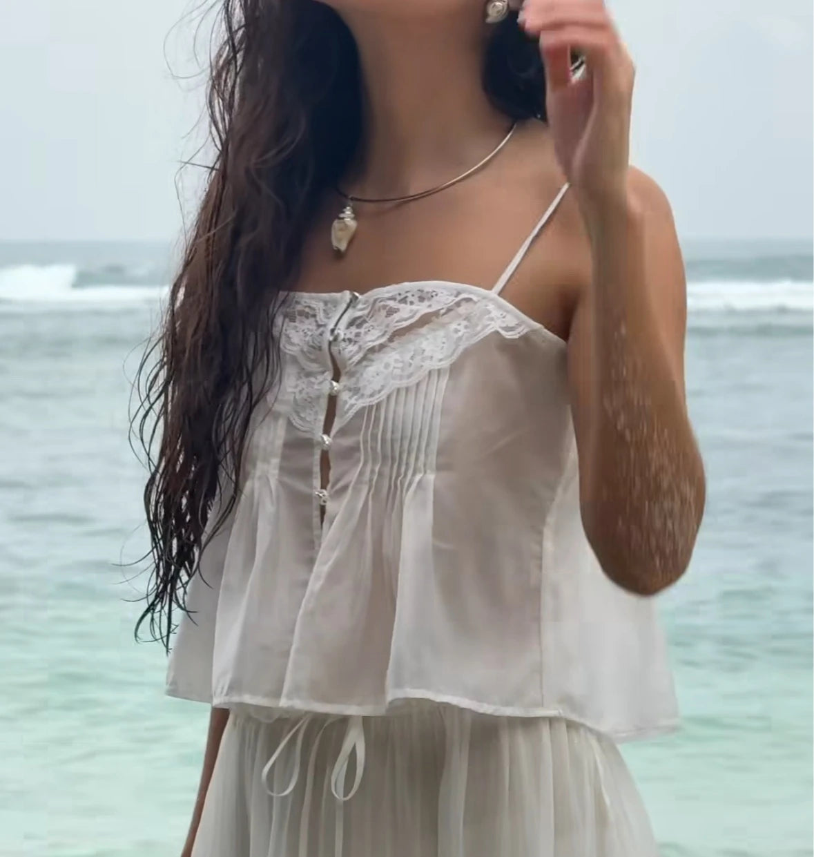 Lace Strap Boho Camisole Top Sheer Cotton Rayon Sleeveless