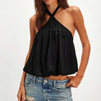 Cross Button Halter Top With Backless Design And Puffball Hem