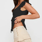 Jacquard Flower Top With Flying Sleeve Square Neck Bow Front Top