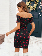 Cherry Print Off Shoulder Fitted Mini Dress