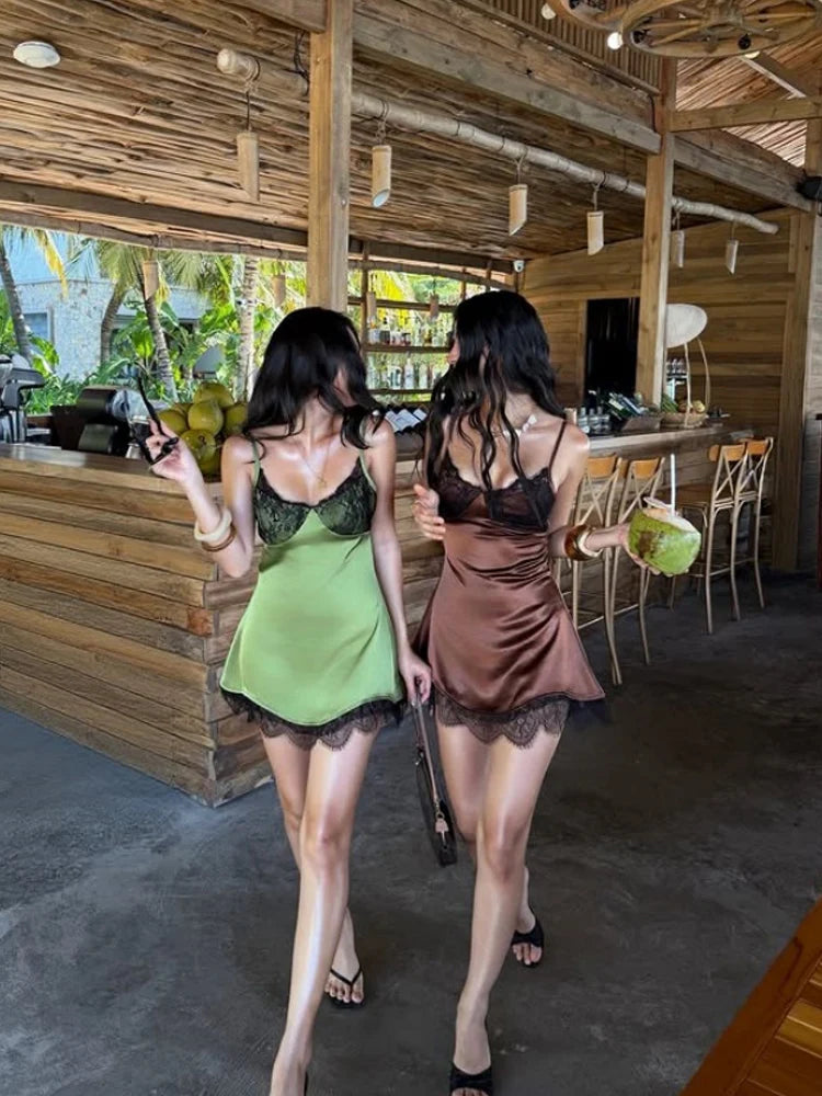 Green Camisole Lace Patchwork Slim Sheath Mini Dress