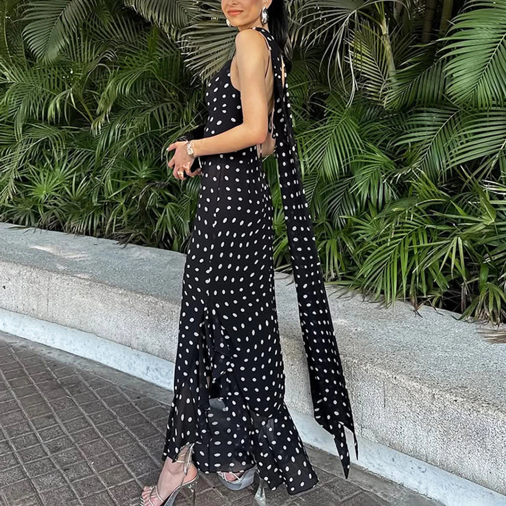 Elegant Polka Dot Halter Sleeveless Maxi Dress With Pleated Skirt And Ribbon Scarf
