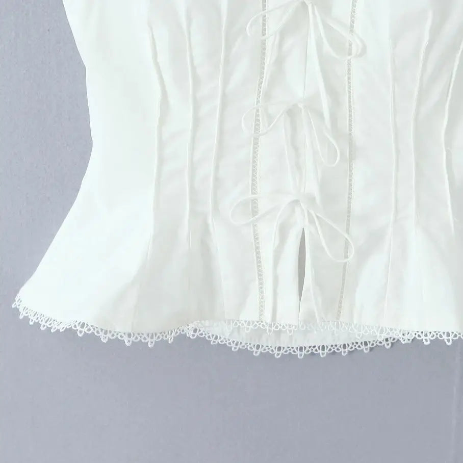 Sexy White Bow Halter V neck Open Buttons Slim Tank Top Women Spliced Ruffles Lace Hem Sleeveless Backless