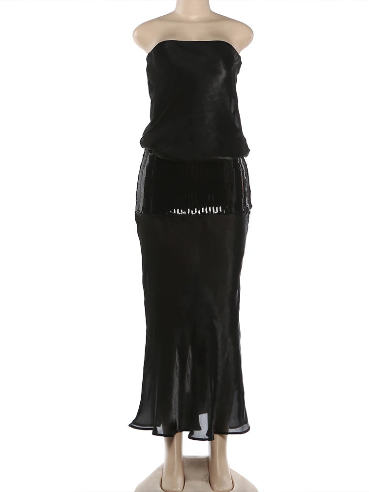 Midnight Peach Sequin Patchwork Maxi Dress Strapless