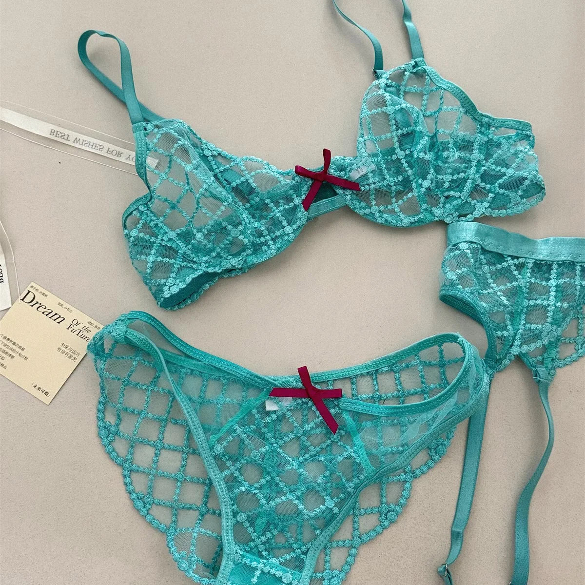 Lace Ultra-Thin Push-Up Bra Panty and Garter Set in Blue Transparent Lattice