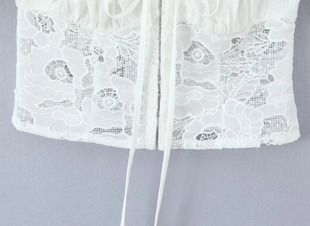 Romantic Lace Patchwork Off Shoulder Puff Sleeve Crop Top