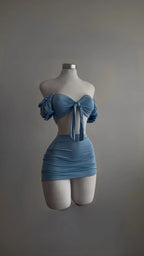 Alluring Two Piece Set With Wrapped Hip Skirt And Hollowed Pleated Puff Sleeves