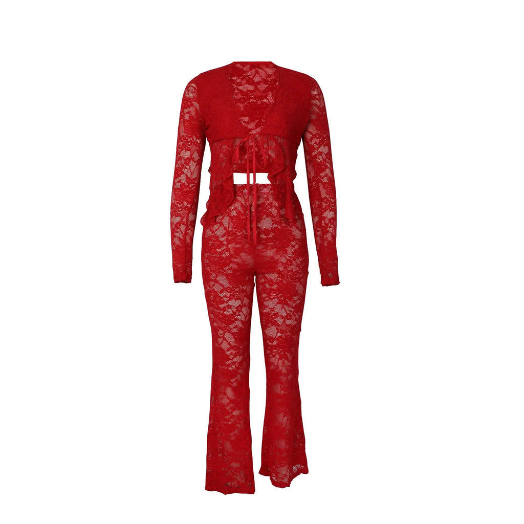 See Through Lace Set With Long Sleeve Top And Pants