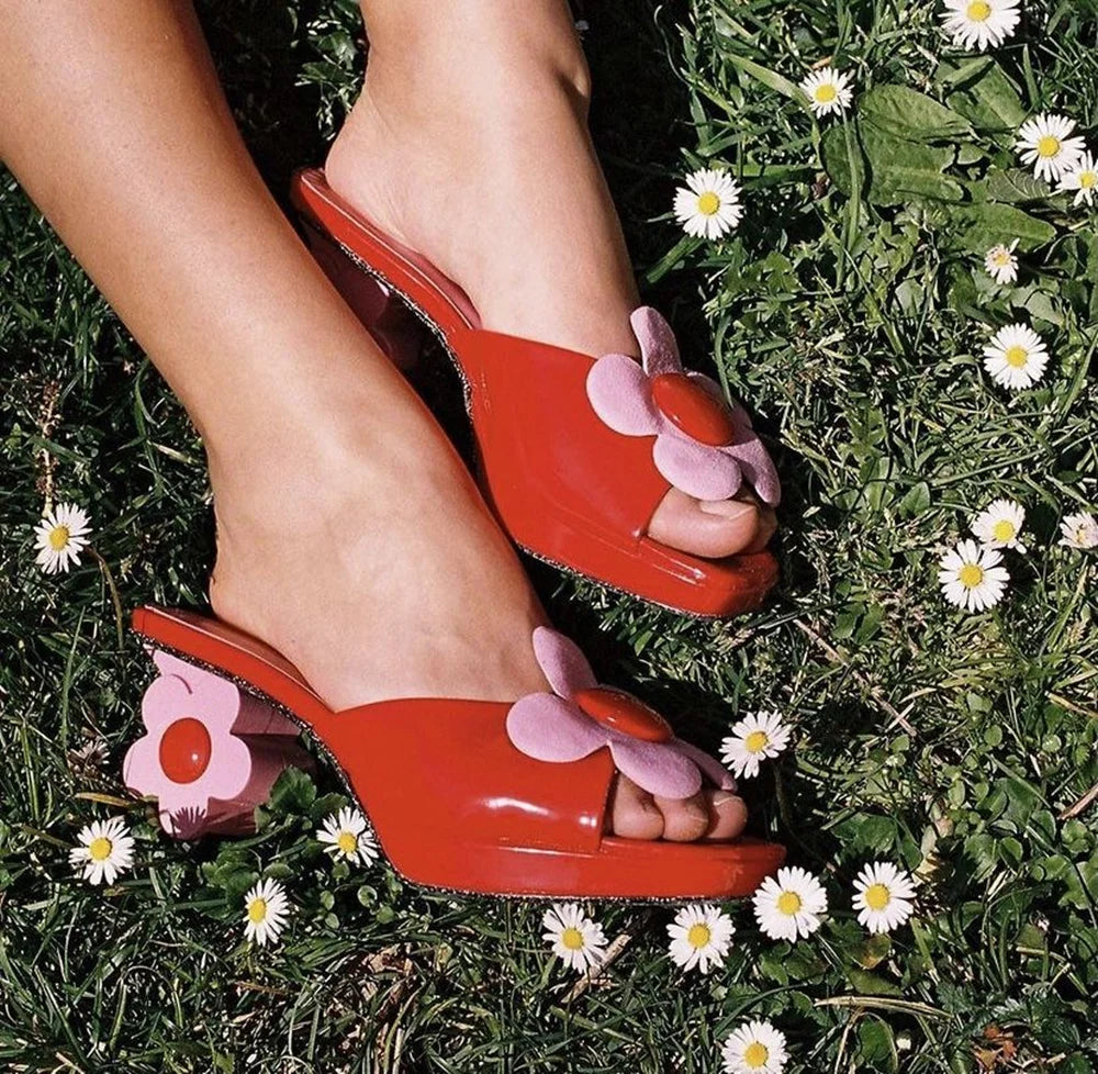 Summer Bloom Sandals With Square Toe Oversized Flower Detail Open Back And Chunky Block Heel