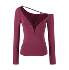 Soft Cotton Long Sleeve Lace Trim V Neck Top Feminine Style