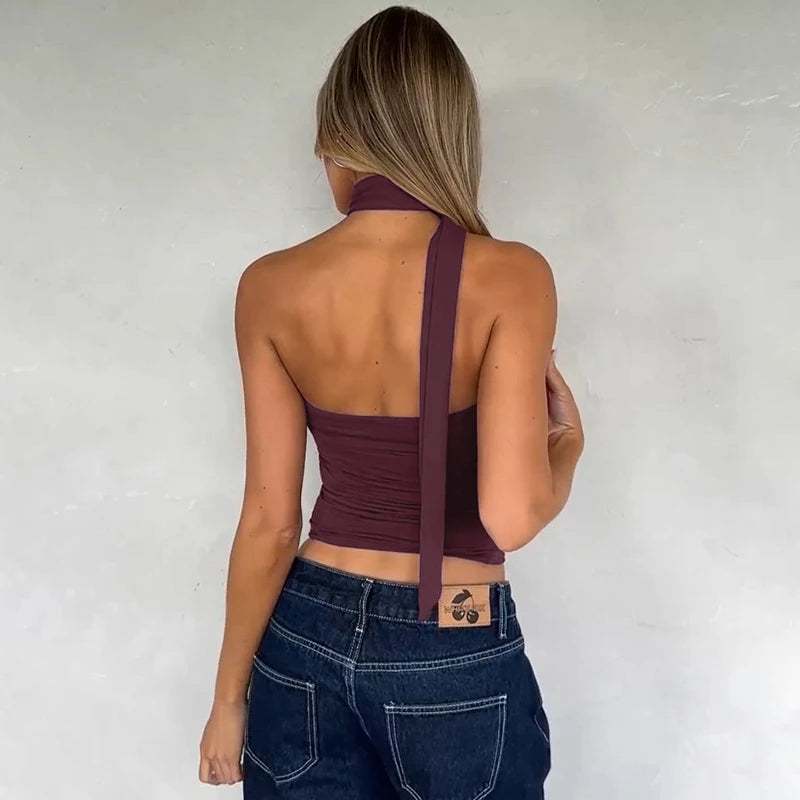 Elegant Halter Crop Top With Scarf Strap Ruched Slim Solid Design For Summer Streetwear