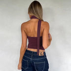 Elegant Halter Crop Top With Scarf Strap Ruched Slim Solid Design For Summer Streetwear