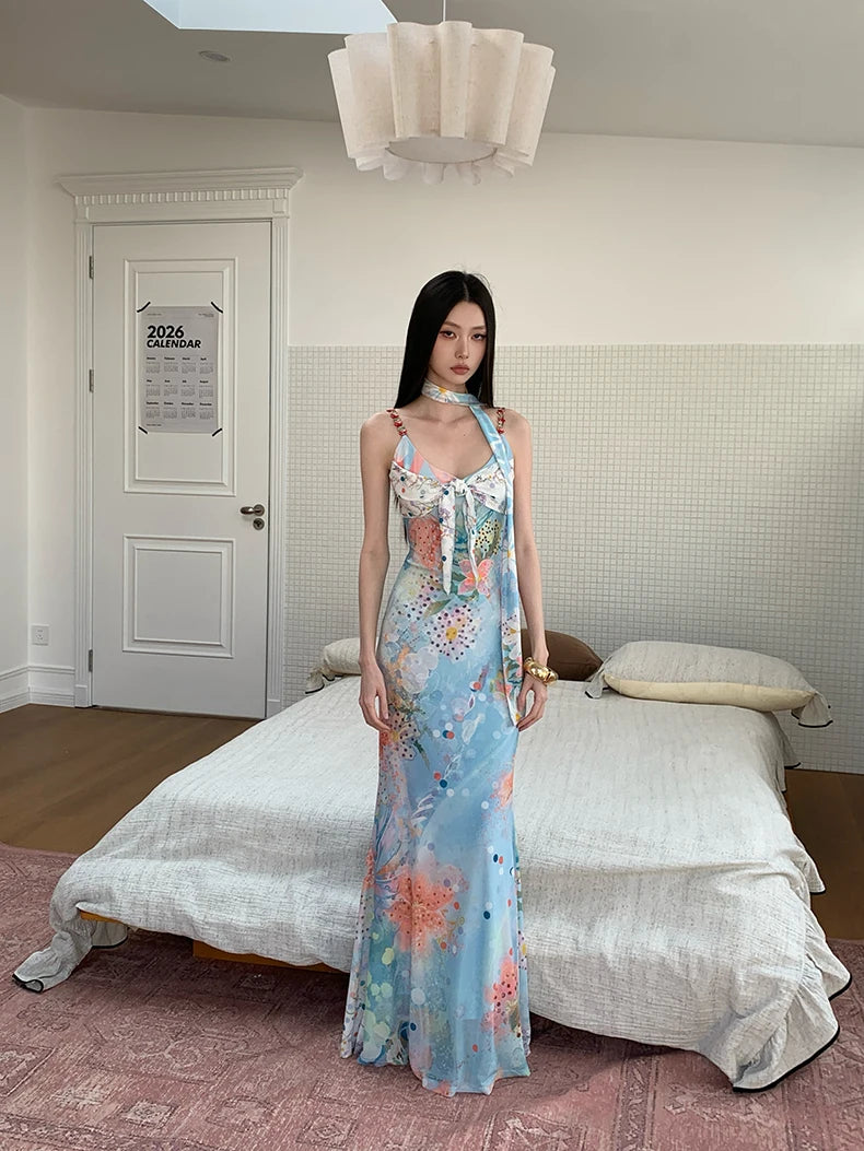 Floral Maxi Dress With Backless Design V Neck Halter Dress