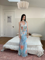 Floral Maxi Dress With Backless Design V Neck Halter Dress