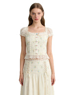 Sweet Floral Print Chic Lace Short Blouses Vintage Square Collar Puff Sleeve Slim Shirt