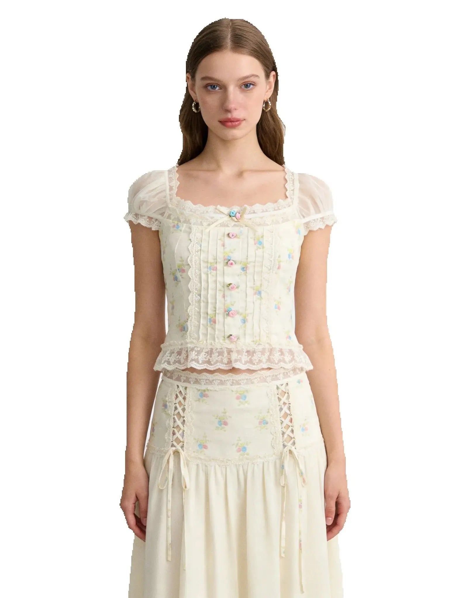Sweet Floral Print Chic Lace Short Blouses Vintage Square Collar Puff Sleeve Slim Shirt