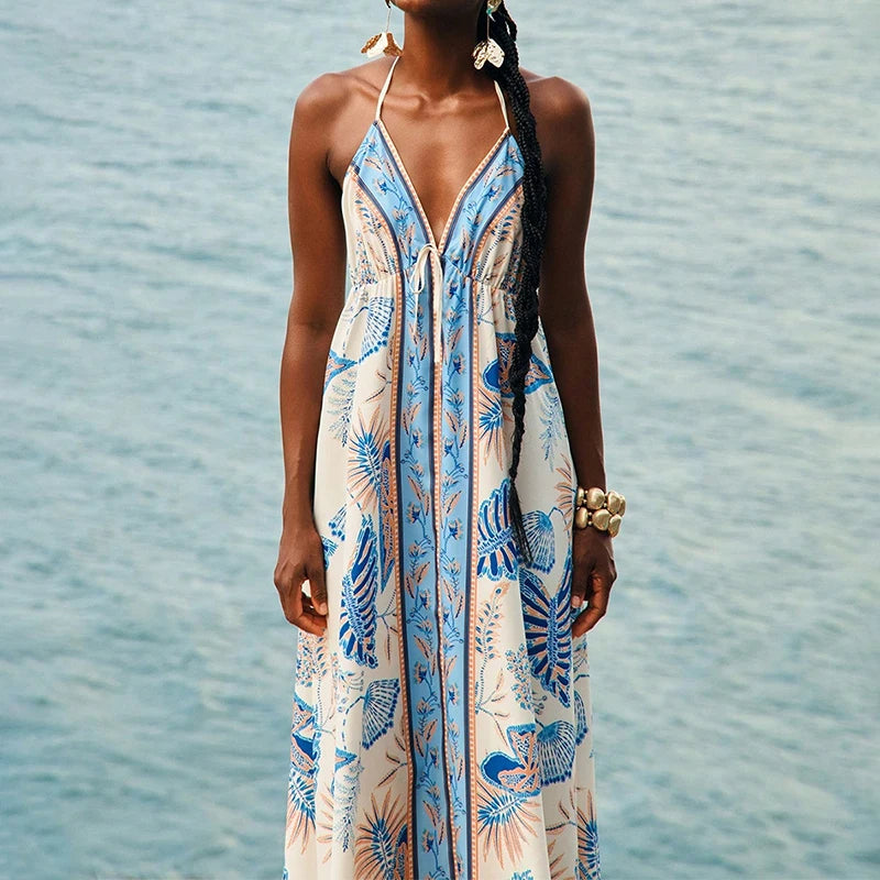Boho Chic Patterned Suspender Dress With Backless V Neck Pleated Beach Maxi