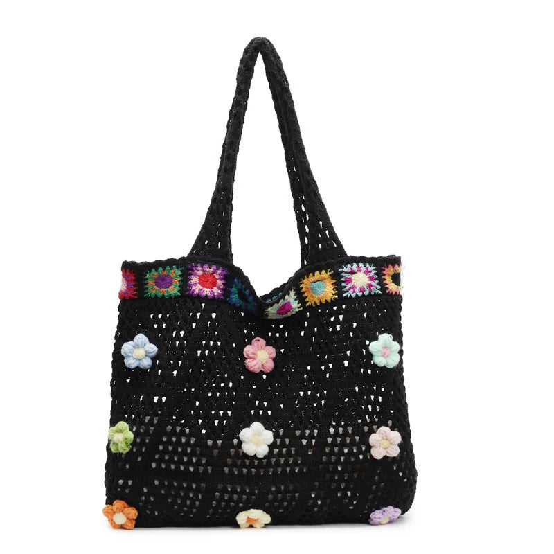 Boho Knitting Shoulder Bag With Floral Crochet