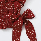 Polka Dot Chiffon Lace Up V Neck Blouse With Flowy Sleeves