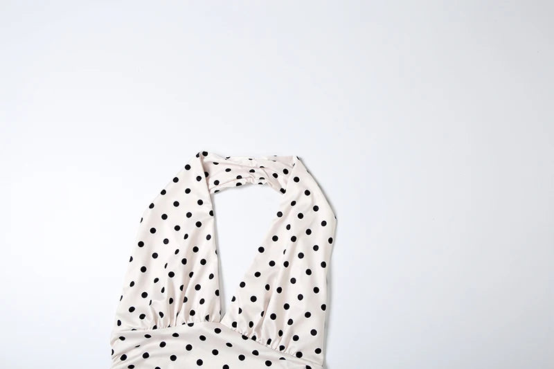 Polka Dot Halter Mini Dress With Ruched Backless Detail