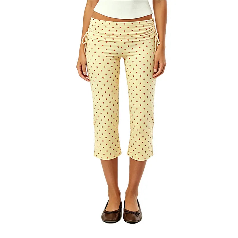High-Waist Capri Pants With Fold-Over Waist Adjustable Drawstring Tie Detail