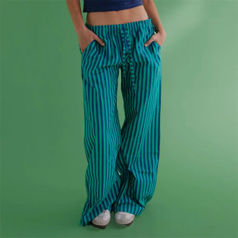 Striped Wide Leg Drawstring Pants With Pockets Elastic Waist Flared Baggy