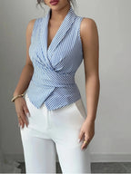Sleeveless V-Neck Blouse With Bow Belt Detail In Light Blue And White Stripes