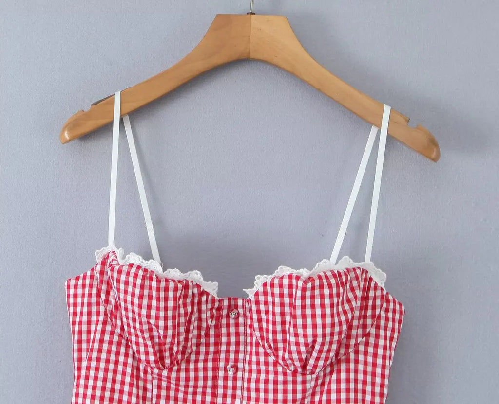 Sexy Women Plaid Spliced Sling Mini Summer Dress Lacing Up Bandage Back A-line Cotton Dress