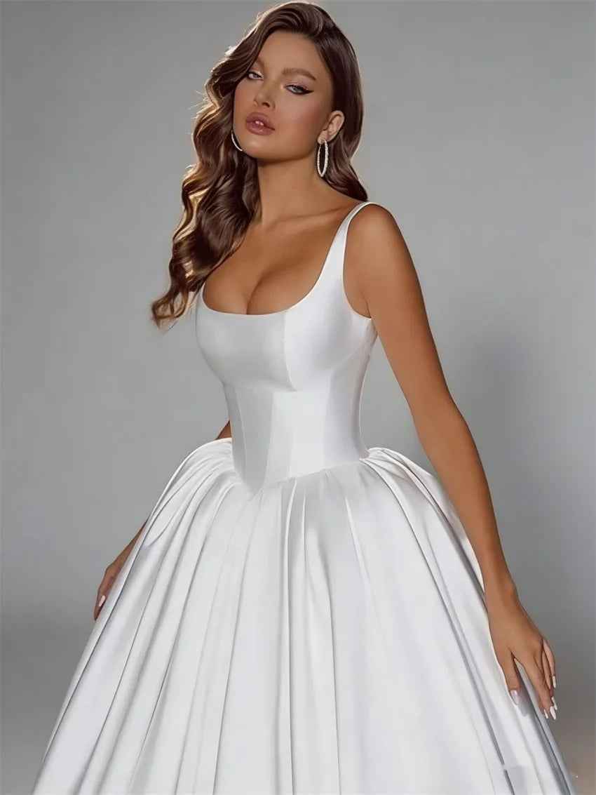 Elegant Satin A-Line Wedding Dress With Square Neck Sleeveless Bodice Built-In Bra Lace-Up Back