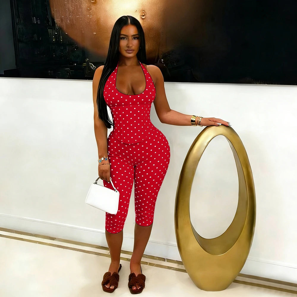 Cute Dots Design Halter Jumpsuit With Zipper Backless Sleeveless