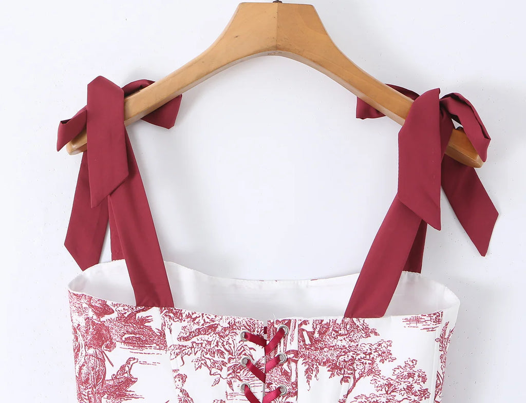 Sexy Women's Print Corset Top Bow Tie Straps Lacing Up Back Top
